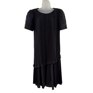 Vintage Gilberti Dress Womens 12 Black Pleated Asymmetric Midi Beaded Puff Y2K